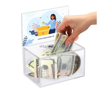 Plexiglass boxes supplier custom acrylic fundraising box with sign holder DB-083