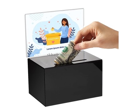 Perspex box manufacturer custom acrylic money box with lock & sign holder DB-106