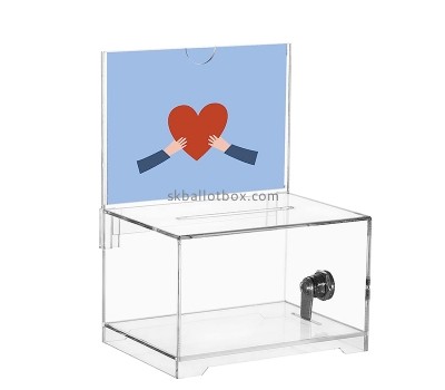 Lucite box manufacturer custom acrylic fundraising box with lock and sign holder DB-105