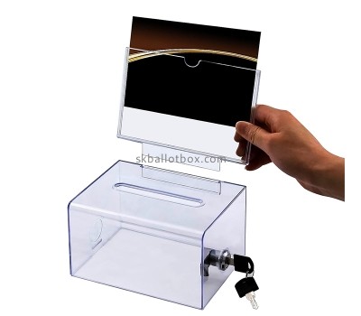 Acrylic box supplier custom lucite lockable donation box with sign holder DB-132