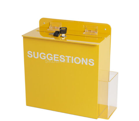 Custom acrylic hanging suggestion box with literature holder