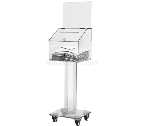 Custom acrylic suggestion box with casters stand & sign slot