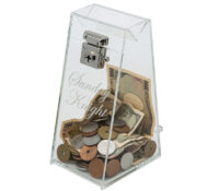 Custom plexiglass wedge-shaped money coin box DB-474 Custom plexiglass wedge-shaped money coin box