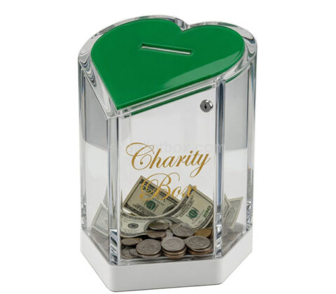 Custom plexiglass heart shaped charity donation box