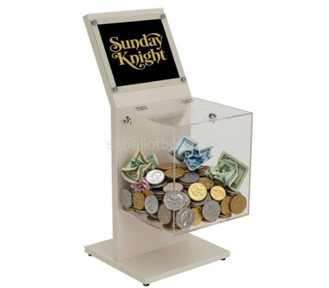 Custom plexiglass money charity box with sign holder