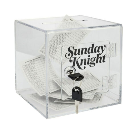 Custom acrylic suggestion box with easy open rear door