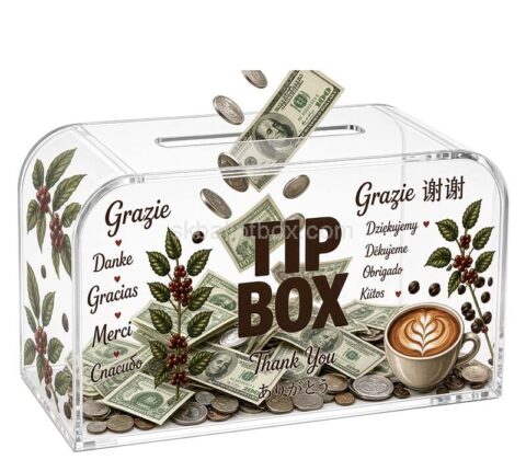 Custom acrylic coffee shop tip collection box